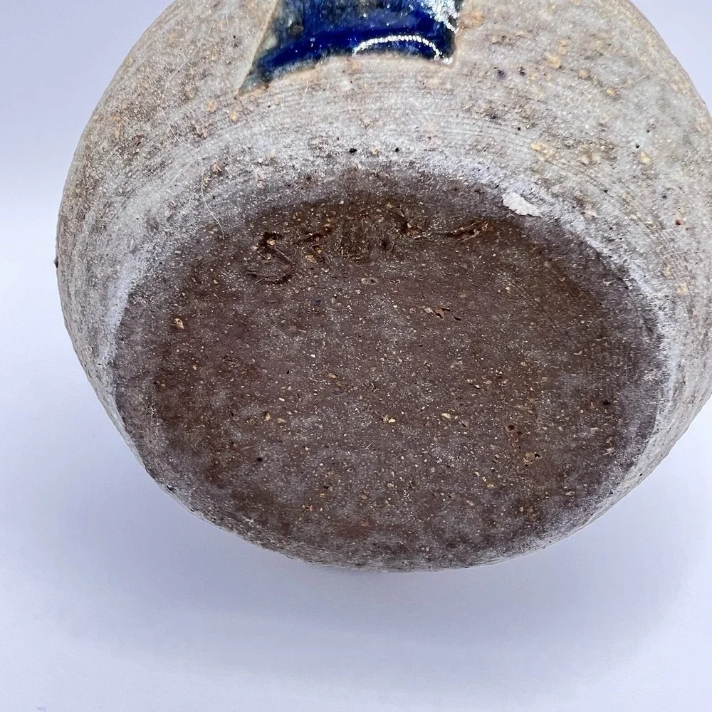 Vtg Signed Studio Pottery Oil Lamp Bud Vase Stoneware Earthy Blue Abstract 4